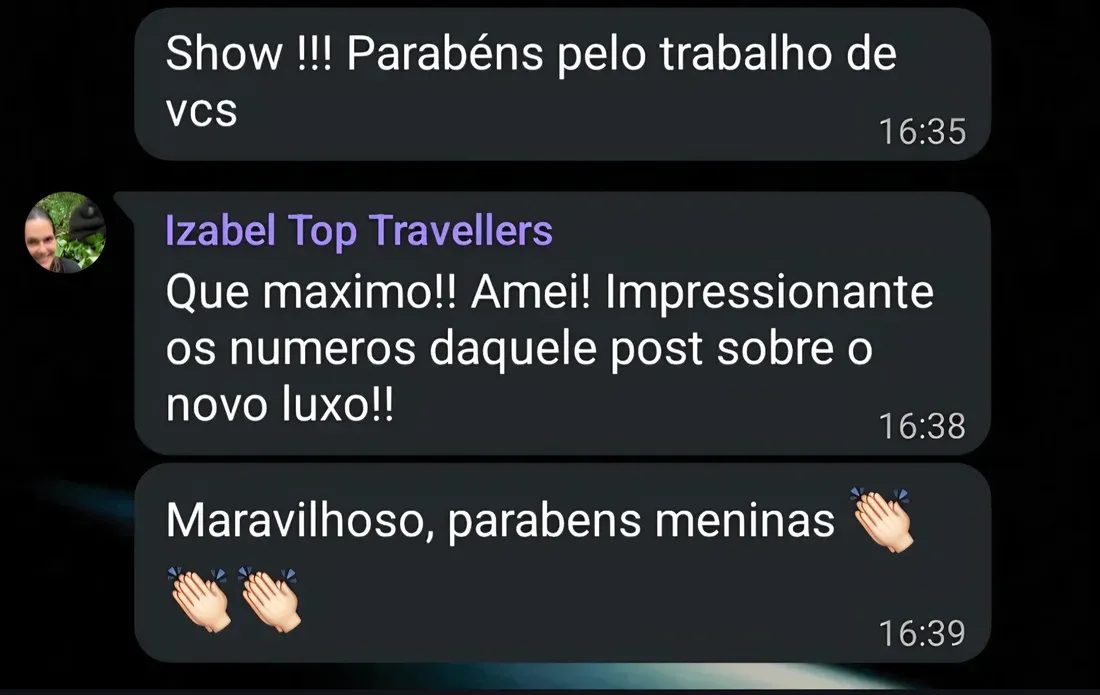 Conversa de WhatsApp: parabéns pelo trabalho de vocês. Izabel responde que amou e achou impressionantes os números do post sobre o novo luxo
